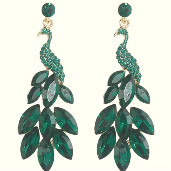 Sparkling Emerald Peacock Earrings - Picture 3 of 4